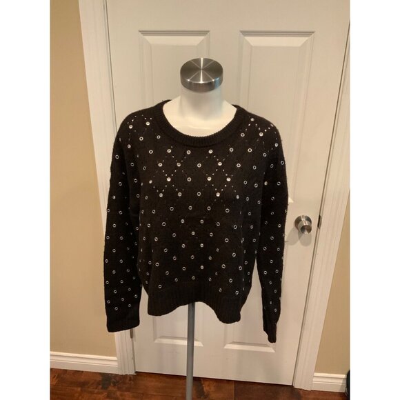 Michael Kors Black 100% Wool Sweater W/ Silver Metal Rings, Size large - Picture 1 of 8